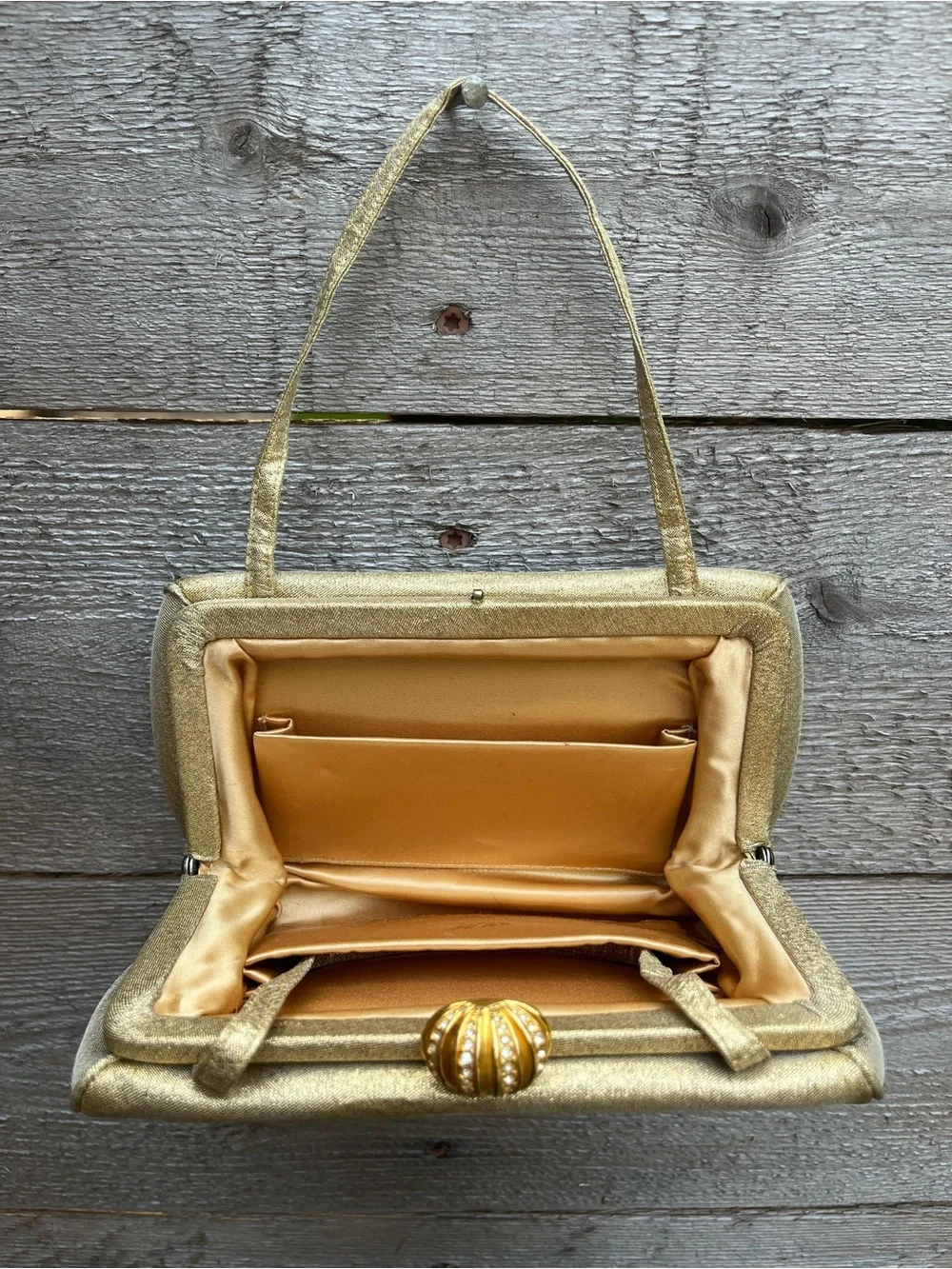 VTG 1950s MM Morris Moskowitz Gold Metallic Evening Handbag Rhinestone Fan Clasp